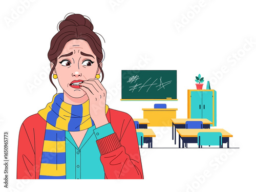 School Anxiety: A worried teacher bites her nails, her face etched with worry. She stands in an empty classroom, desks arranged in rows, a blackboard and plant stand in the background.