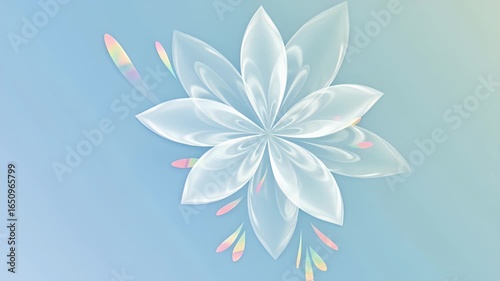 Translucent White Flower with Colorful Accents on Soft Gradient Blue Background for Decorative Design Projects