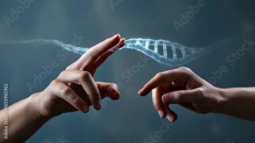 Two Hands Interacting with a Digital DNA Helix on a Grey Background Representing Biotechnology Science and Medical Innovation