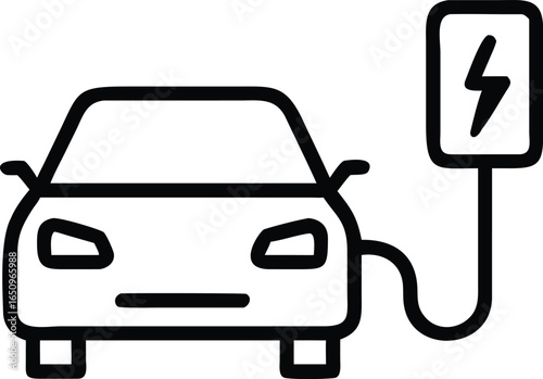 Minimal Line Icon of Electric Car Charging with Solar Station Vector Symbol for Green Transport and Renewable Energy