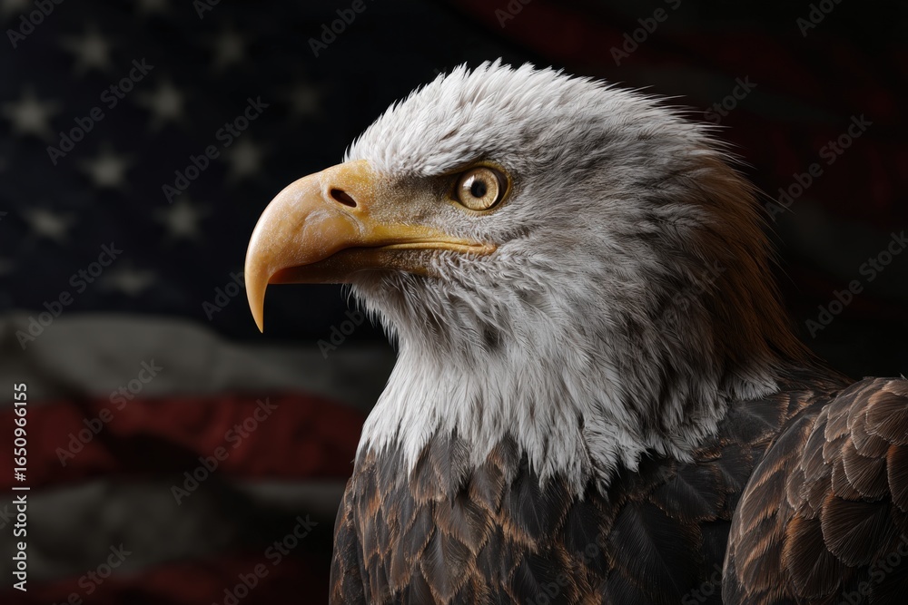 Obraz premium Bald Eagle Flying with American Flag for Patriotic Celebration or National Holiday Design, 4th of July Independence Day Photo.