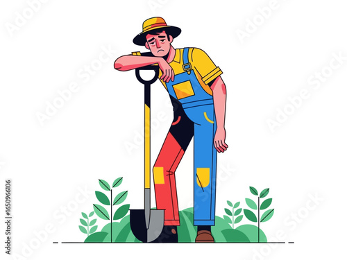 Tired Farmer Resting: A weary farmer takes a break from his work, leaning on a shovel in a stylized illustration, embodying the dedication and labor of rural life.