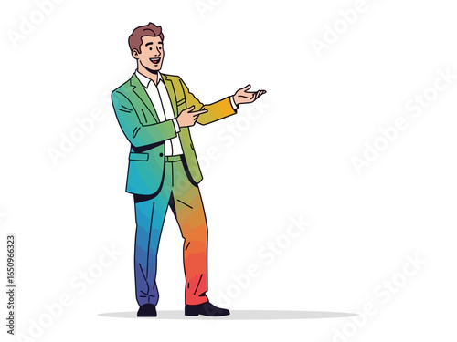 Dynamic Presentation: A stylish individual, clad in a vibrant, gradient-colored suit, exudes confidence as he gestures in a dynamic pose.