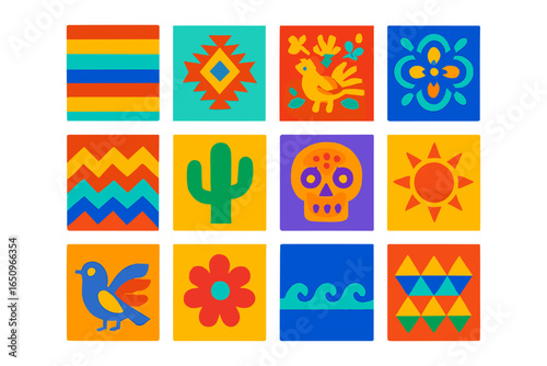 Colorful mexican folk art patterns featuring cactus, skull, bird, and sun elements