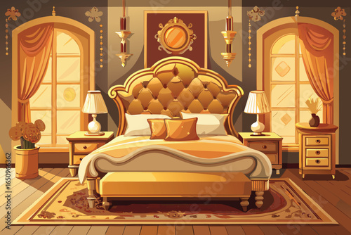 Luxurious bedroom interior with ornate golden bed and windows
