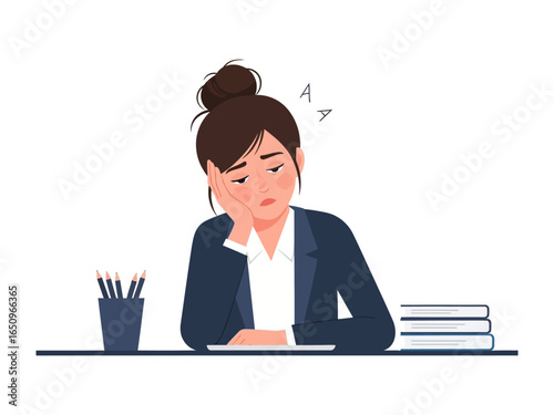 Exhausted at Desk: An office worker, with a bun hairstyle, slumps wearily at her desk, her face etched with weariness and exhaustion. pencils, stack of book convey the pressures of work.