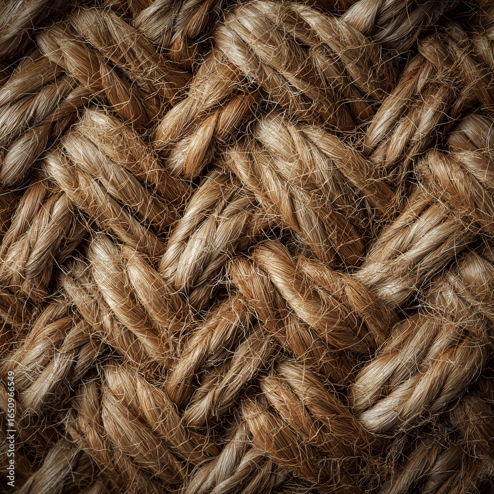 Fototapeta premium A detailed close-up texture shot of a woven basket made of natural twine or rope, showing a tight, intricate pattern.