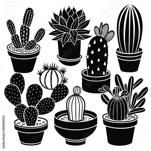 Pixel Art Cactus and Succulent Collection: Black and White Potted Plants