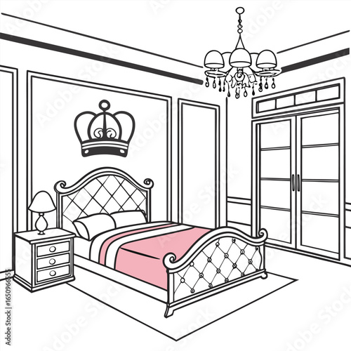 Outline drawing of a luxurious bedroom with a tufted bed