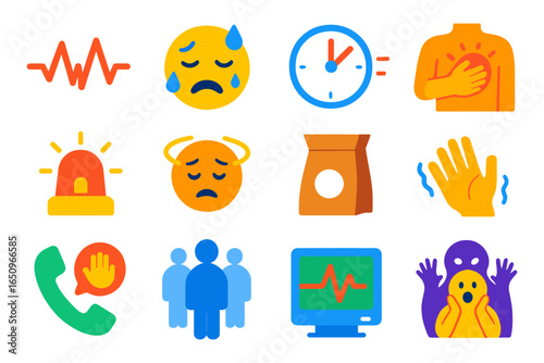 Colorful emoji set representing emergency and stress situations with medical elements