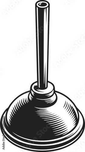 Plunger, toilet unclogging tool, bathroom fixture, plumbing device, home improvement accessory, vintage engraving design, black and white illustration, plumbing art