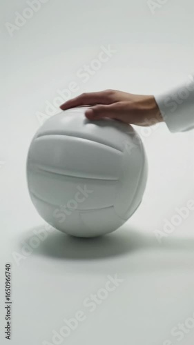 A pristine white volleyball is gently nudged by a professional hand on an immaculate white surface, rotating slowly and settling. Vertical video with slow push-in, bright high-key lighting, soft