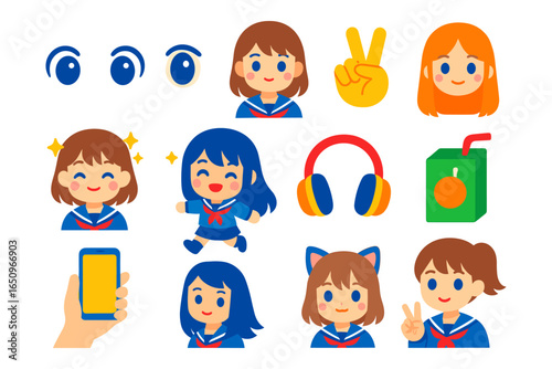 Cute anime schoolgirl avatars and accessories in colorful flat design