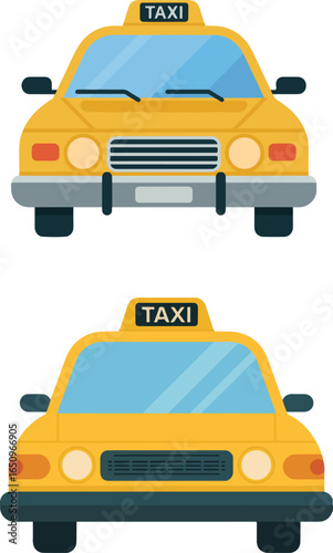 Front view of a classic yellow taxi cab with a taxi sign on top