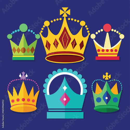 Collection of six colorful crowns on a dark blue background.