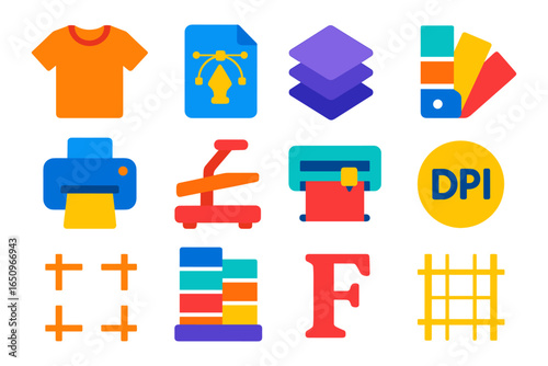 Flat design icons for printing and design tools with colorful elements