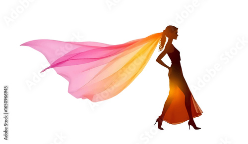 Silhouette of a woman in a flowing dress with a colorful scarf, isolated on white background