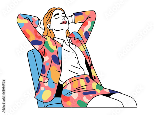 Businesswoman Relaxation: A stylish businesswoman rests and reflects with hands behind the head, envisioning tranquility and rest with closed eyes.