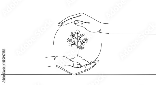 Continuous line drawing of Earth with a plant symbolizing growth and sustainability