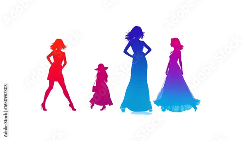 Two elegant female silhouettes in stylish dresses and hats, isolated on white background, showcasing fashion and glamour