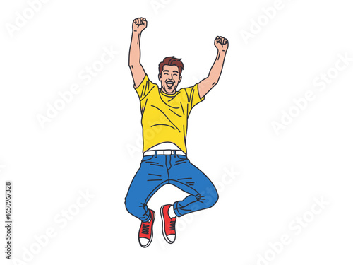 Celebratory Leap: A spirited individual, radiating happiness and joy, soars through the air, celebrating a moment of triumph and success.