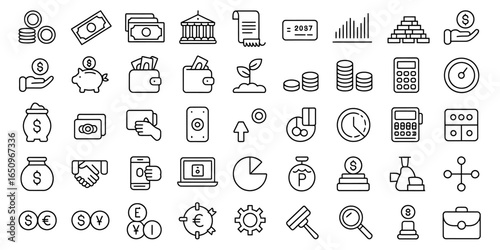 Collection of Finance and Investment Icons Depicting Banking Savings Growth and Financial Concepts