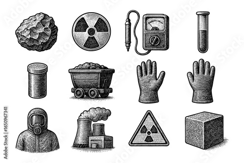 Detailed vintage nuclear energy and safety icons set