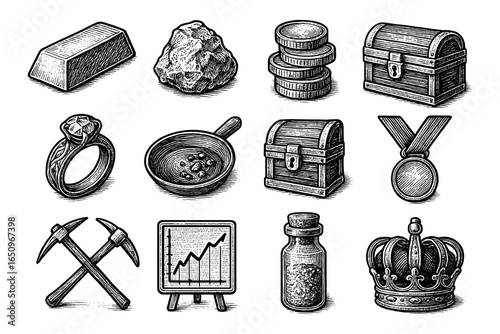 Vintage engraving style treasure and mining icons for retro projects