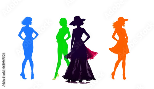 Group of diverse fashion silhouettes in different stylish outfits and colors, posing elegantly, isolated on white background
