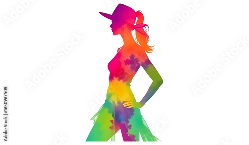 Fashionable female silhouette with a colorful scarf flowing, wearing a hat, isolated on white background, representing vibrant style
