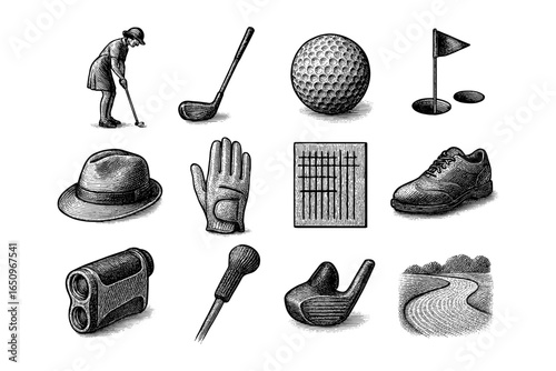 Vintage golf equipment sketch collection featuring clubs, ball, and accessories