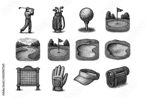 Hand drawn golf elements collection featuring player, equipment, and course scenes