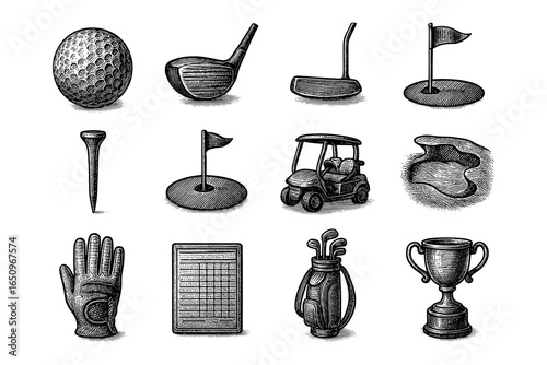 Vintage style golf equipment collection featuring clubs, balls, and trophies
