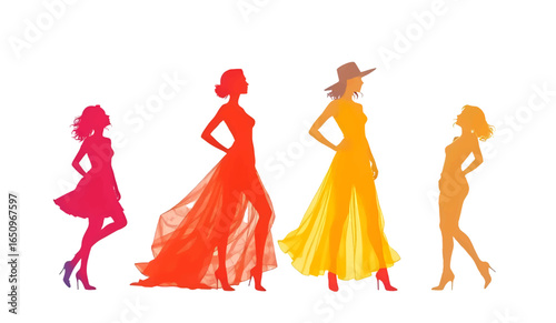 Stylish woman in a black silhouette wearing a hat and a purple patterned skirt, posing elegantly with high heels, isolated on white background