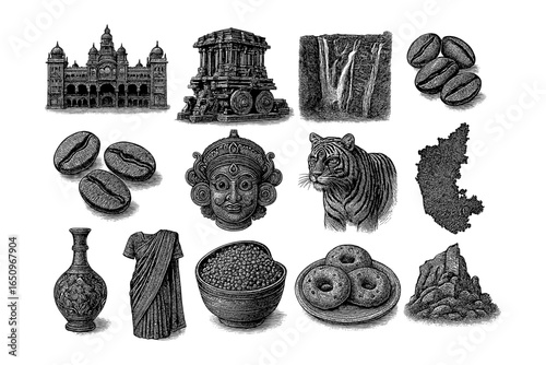Detailed ink drawings of karnataka's culture and landmarks