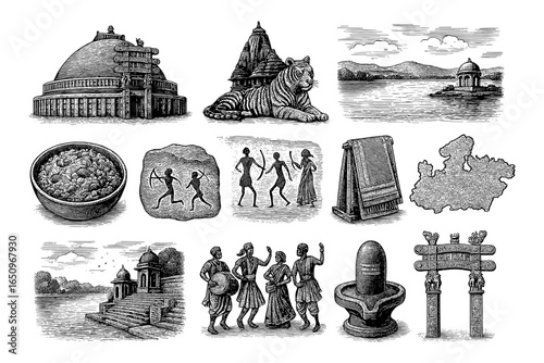 Intricate indian heritage in detailed engraving style featuring monuments and culture