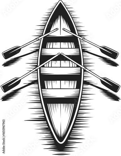 Rowboat, vintage engraved style illustration of a wooden rowboat with oars, perfect for nautical themes and outdoor adventures