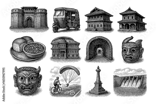 Detailed engravings of nepalese culture and architecture