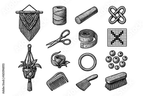 Vintage crafting tools: intricate hand drawn elements on white background