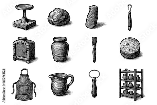 Vintage pottery tools and equipment hand drawn engraving set