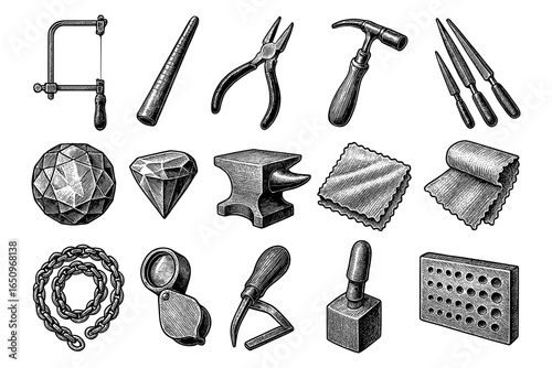 Vintage hand drawn jewelry tools and accessories collection for craft enthusiasts