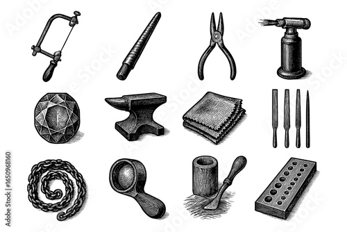 Vintage tools and equipment for jewelry making in engraved style