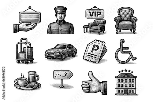 Vintage hotel and travel icons in engraved style: hospitality, transport, and amenities