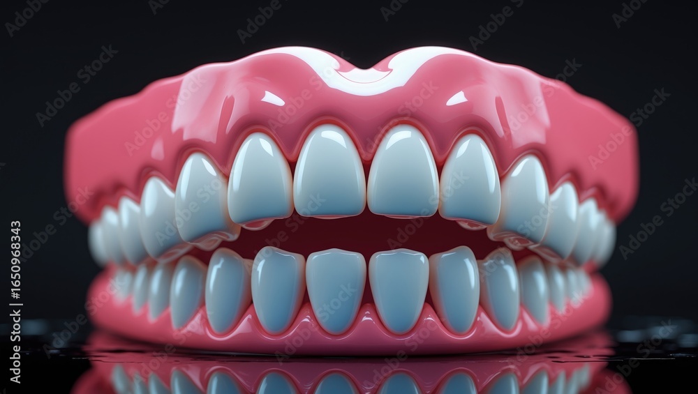 Obraz premium Colorful realistic toothbrush with clean white teeth and pink gums, close-up shot, dental hygiene, oral health, dentistry, dental care, health concept.
