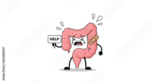 Cartoon intestine character needing help with bandage on digestive system, medical concept