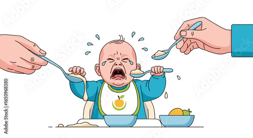Crying baby refusing food during mealtime with hands holding spoons of baby food