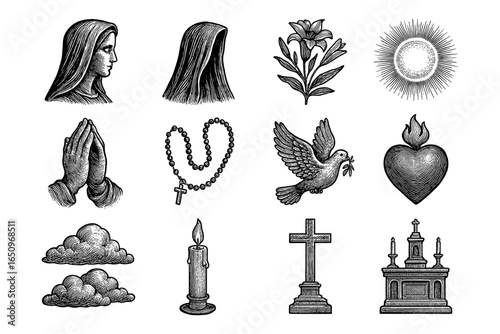 Vintage religious icons with sacred symbols and christian elements