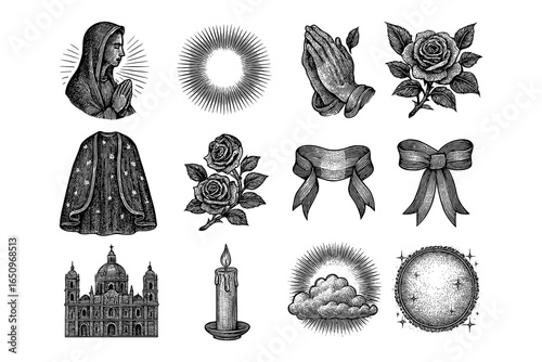 Vintage religious and floral tattoo designs with detailed shading and classic motifs