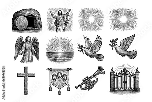 Easter symbol set: resurrection, angels, doves, cross, gospel elements in vintage style art