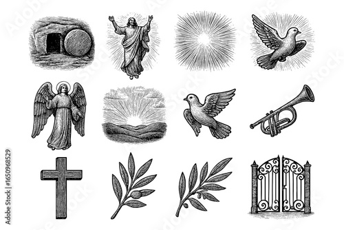 Vintage religious symbols featuring resurrection, angel, and heraldic elements